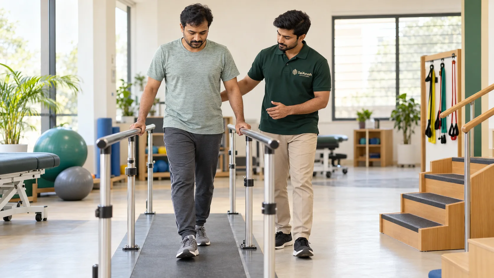 Physiotherapist assessing supported movement with an adult patient at Sai Ayush in Hyderabad